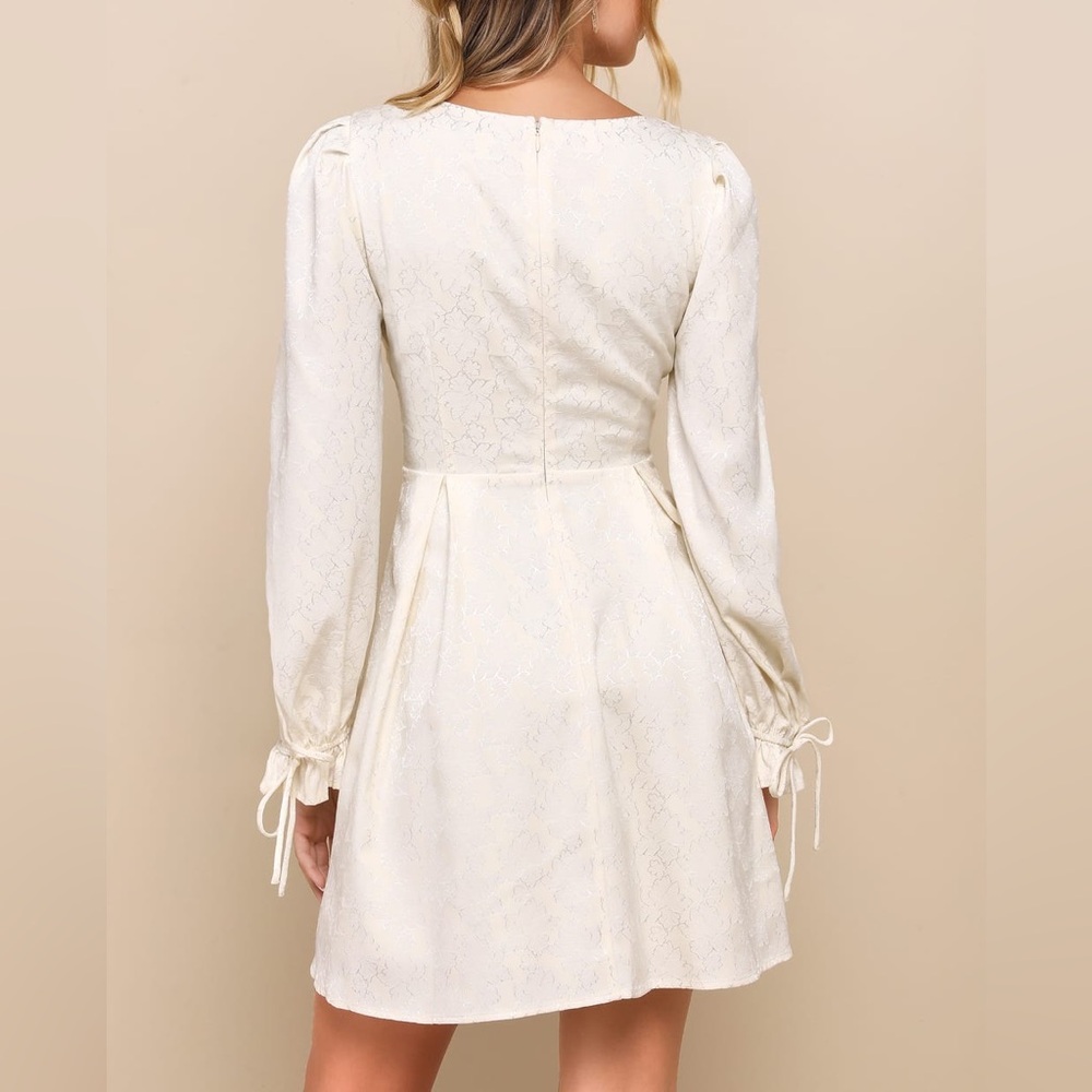 Lulus Elegant Adoration Cream Floral Jacquard Long Sleeve Mini Dress - Picture 2 of 12